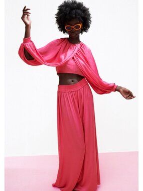 NWT Zara pink wide leg elastic waist lightweight palazzo style pants, S